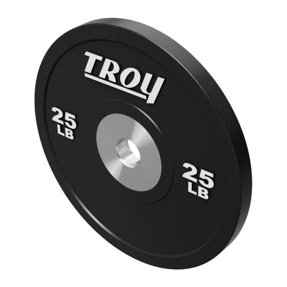 Troy Barbell BPO-025SBP Premium Black Rubber Bumper Plates on white background