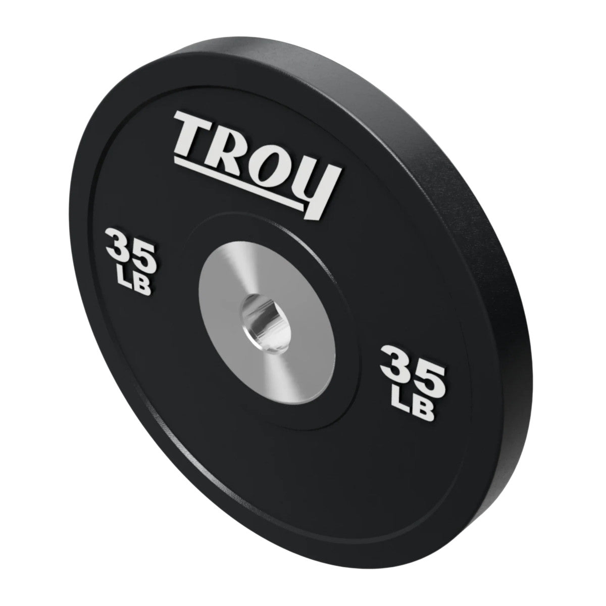 Troy Barbell BPO-035SBP Premium Black Rubber Bumper Plates on white background