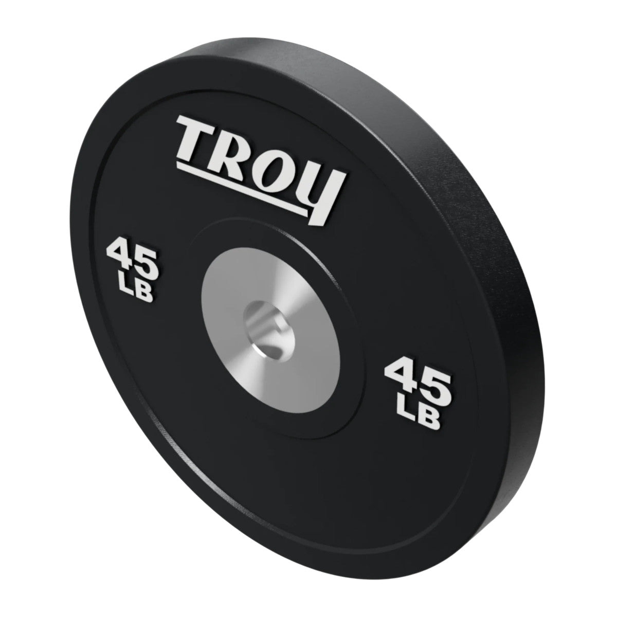 Troy Barbell BPO-045SBP Premium Black Rubber Bumper Plates on white background