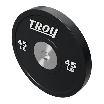 Troy Barbell BPO-045SBP Premium Black Rubber Bumper Plates on white background