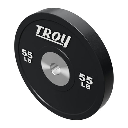 Troy Barbell BPO-055SBP Premium Black Rubber Bumper Plates on white background