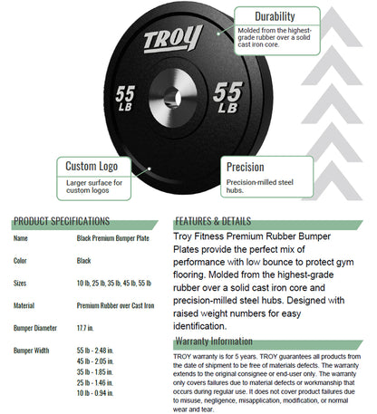 Troy Barbell BPO-SBP Premium Black Rubber Bumper Plates on white background specs