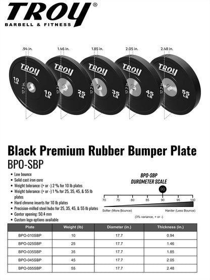 Troy Barbell BPO-SBP Premium Black Rubber Bumper Plates on white background specs