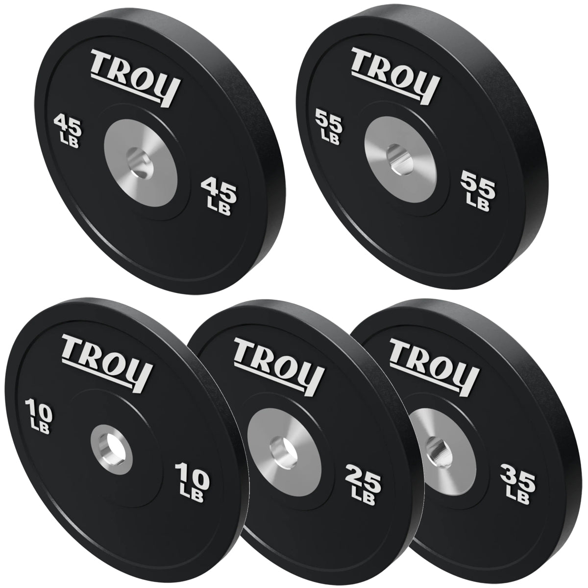 Troy Barbell BPO-SBP Premium Black Rubber Bumper Plates on white background