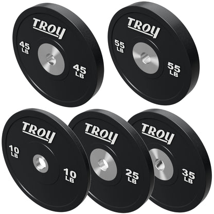 Troy Barbell BPO-SBP Premium Black Rubber Bumper Plates on white background