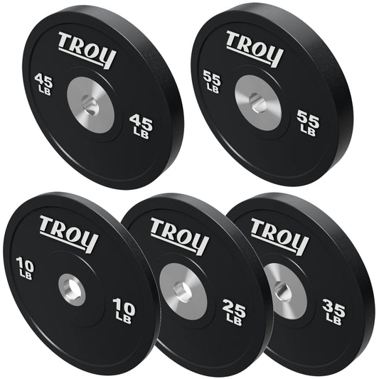 Troy Barbell BPO-SBP Premium Black Rubber Bumper Plates on white background