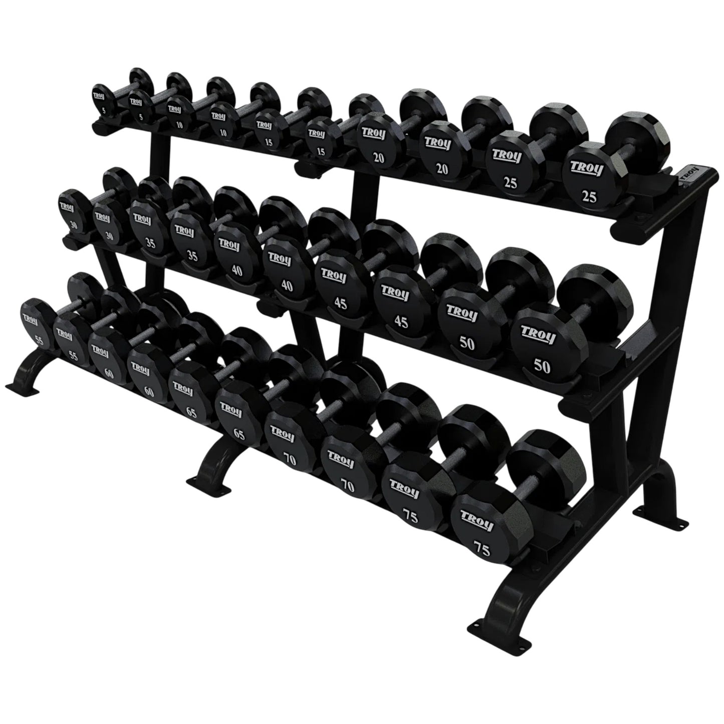 Troy Barbell TSD-U Urethane Encased Dumbbell Set 5 to 75LB with black DR-15 Rack