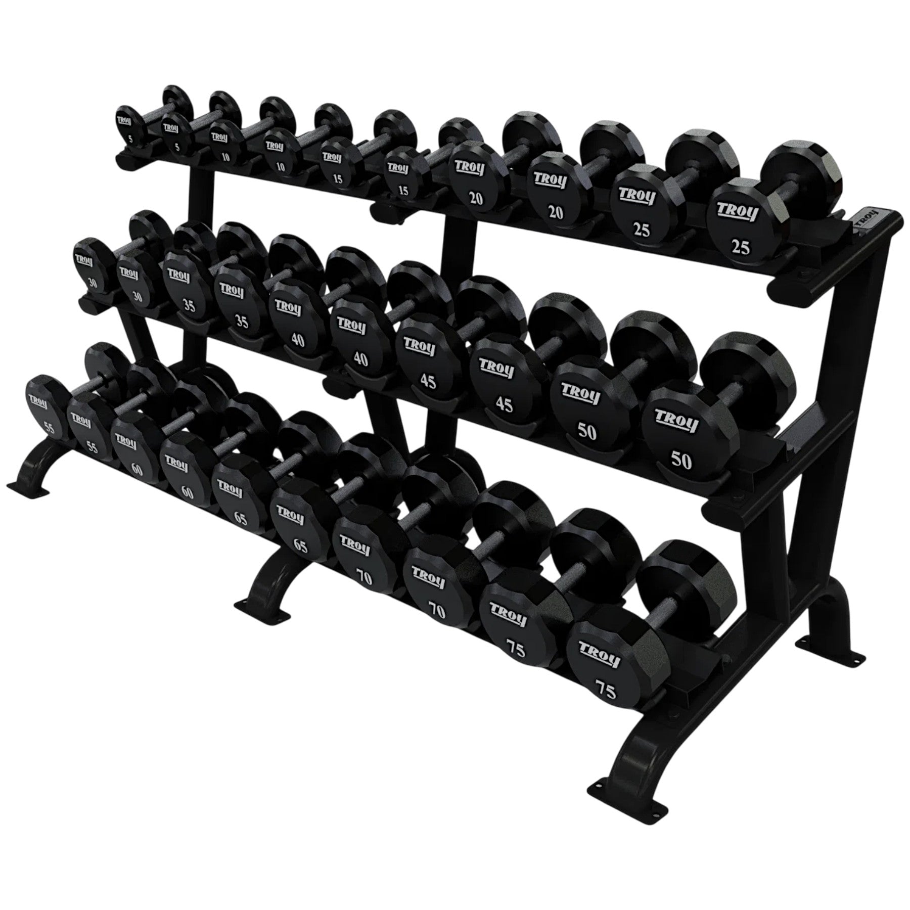 Troy Barbell TSD-U Urethane Encased Dumbbell Set 5 to 75LB with black DR-15 Rack