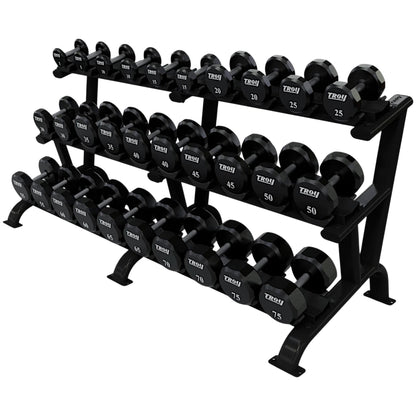 Troy Barbell TSD-U Urethane Encased Dumbbell Set 5 to 75LB with black DR-15 Rack