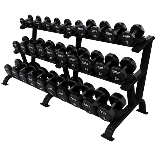 Troy Barbell TSD-U Urethane Encased Dumbbell Set 5 to 75LB with black DR-15 Rack