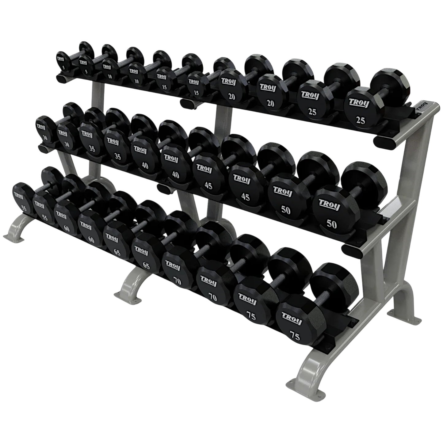 Troy Barbell TSD-U Urethane Encased Dumbbell Set 5 to 75LB with silver DR-15 Rack