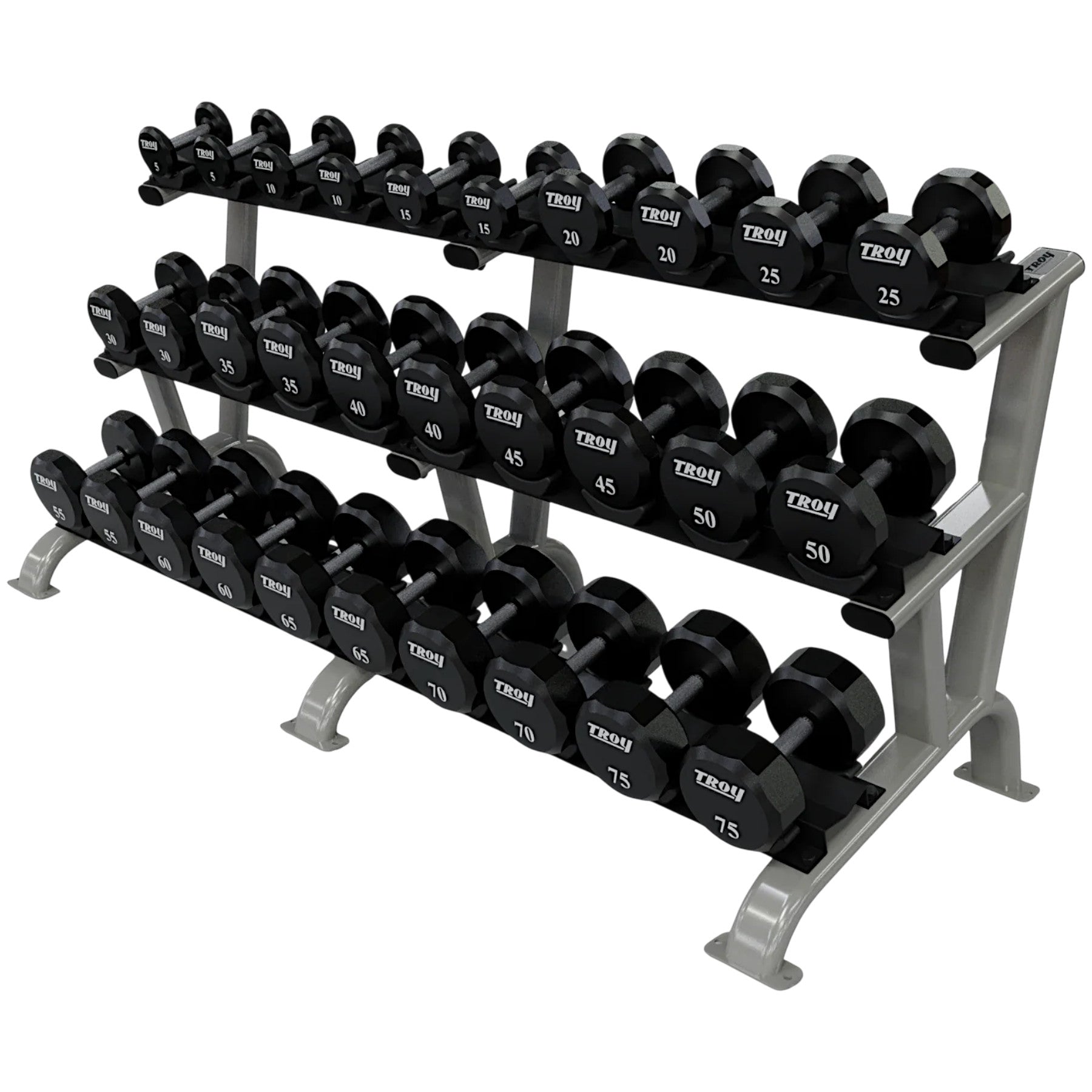 Troy Barbell TSD-U Urethane Encased Dumbbell Set 5 to 75LB with silver DR-15 Rack