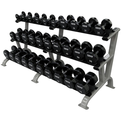Troy Barbell TSD-U Urethane Encased Dumbbell Set 5 to 75LB with silver DR-15 Rack