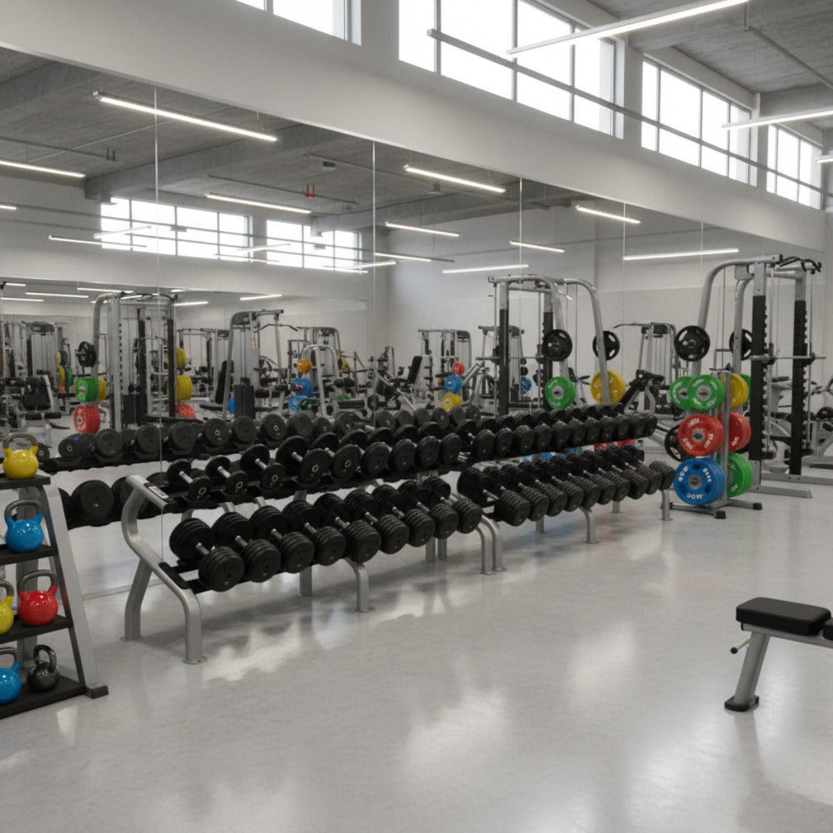 Troy Barbell RUFDC 5-100 Rubber Encased Pro Style Dumbbell Set w/Racks in gym