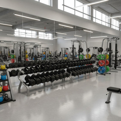 Troy Barbell RUFDC 5-100 Rubber Encased Pro Style Dumbbell Set w/Racks in gym