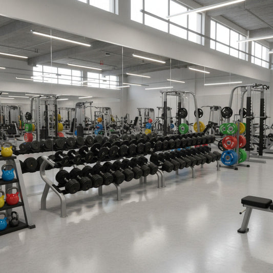 Troy Barbell RUFDC 5-100 Rubber Encased Pro Style Dumbbell Set w/Racks in gym
