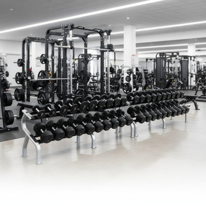 Troy Barbell RUFD 5-100 Rubber Encased Pro Style Dumbbell Set w/Racks in gym