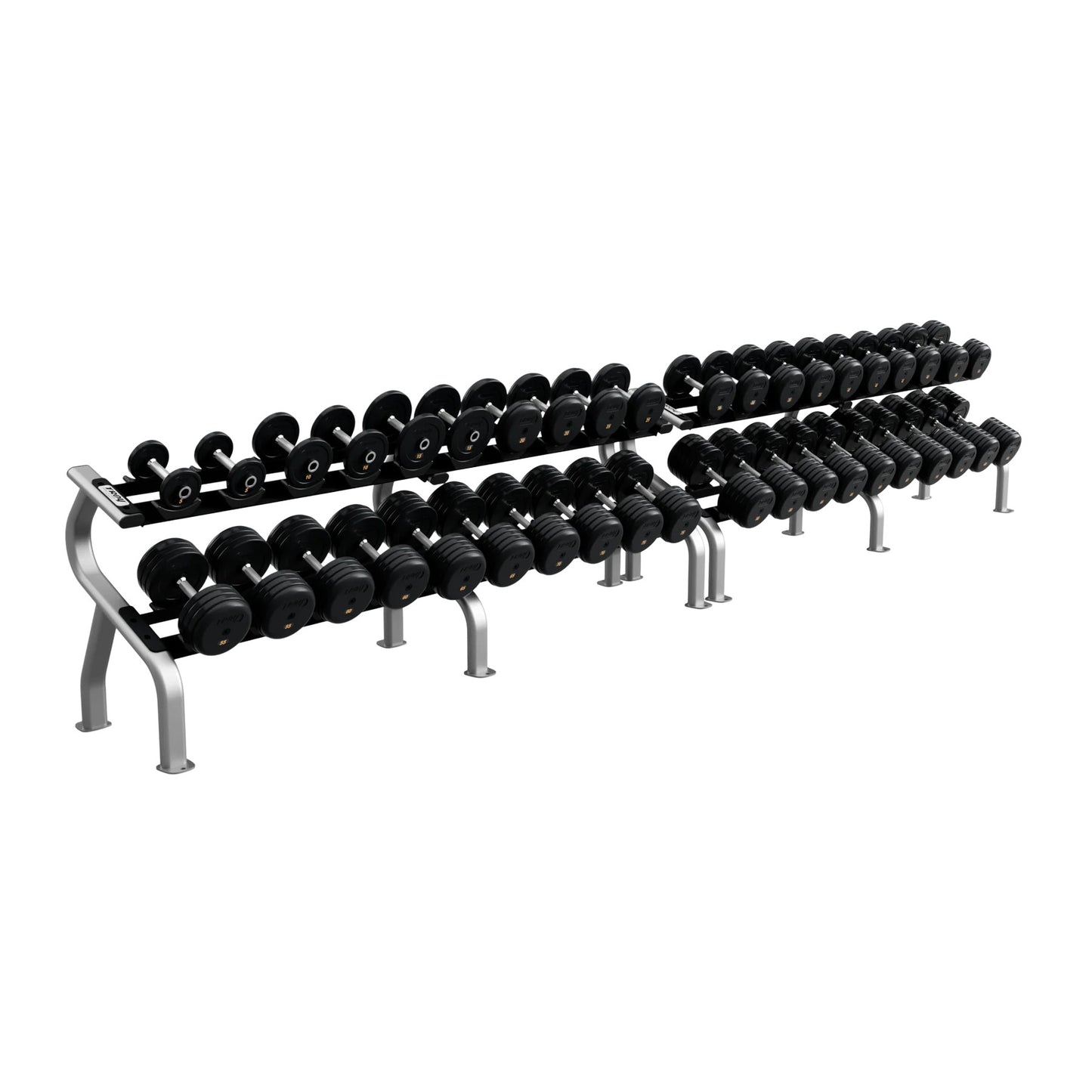Troy Barbell RUFDC 5-100 Rubber Encased Pro Style Dumbbell Set w/Racks on white background