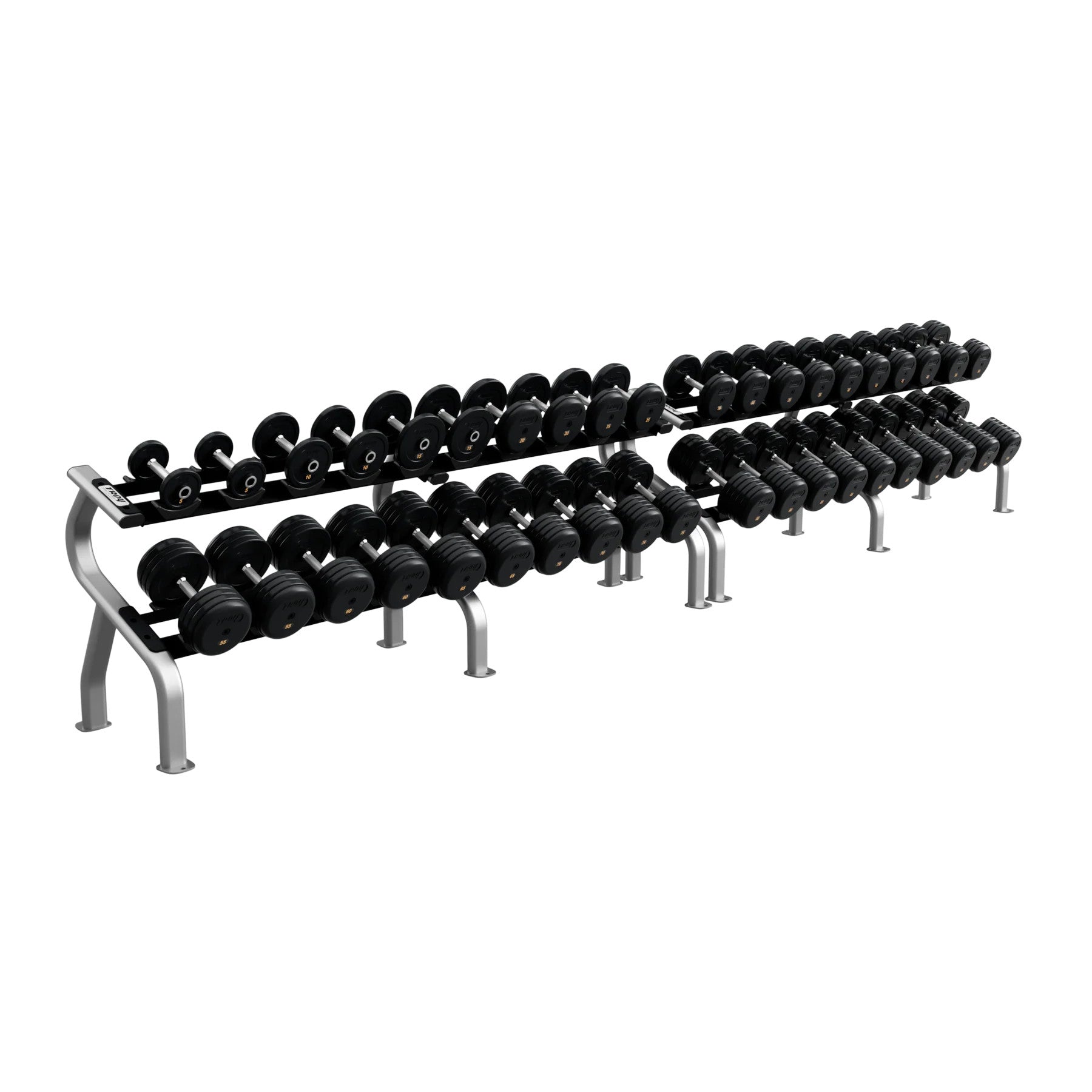 Troy Barbell RUFDC 5-100 Rubber Encased Pro Style Dumbbell Set w/Racks on white background