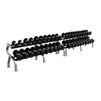 Troy Barbell RUFDC 5-100 Rubber Encased Pro Style Dumbbell Set w/Racks on white background
