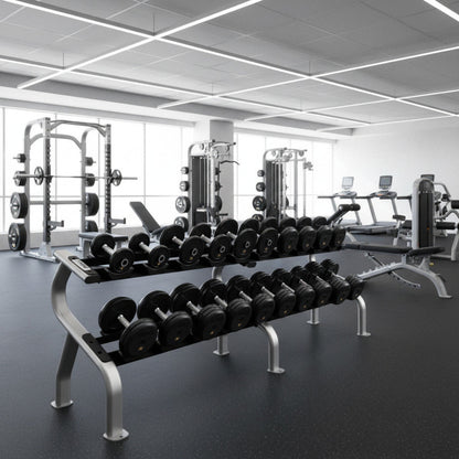 Troy Barbell COMMPAC-RUFDR50 Rubber Encased Pro Style Dumbbell Set with Rack in gym