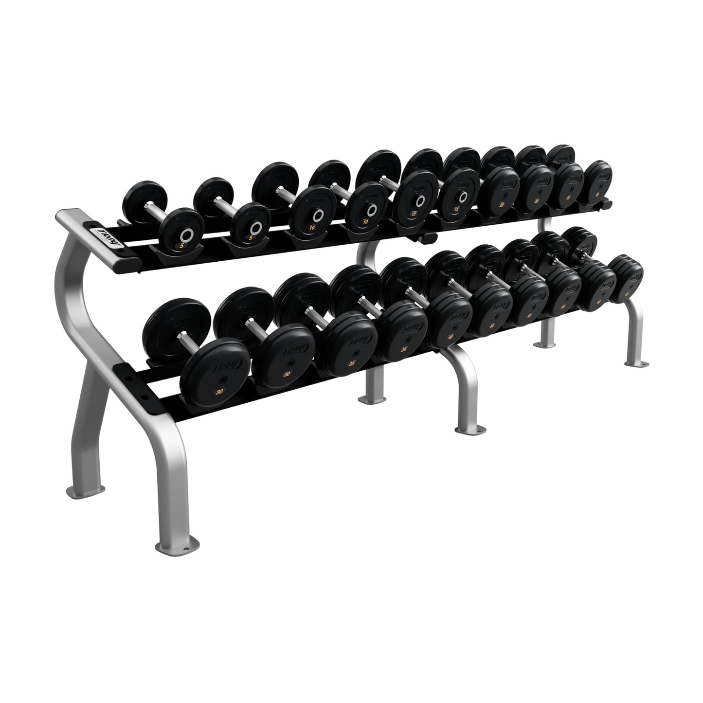 Troy Barbell COMMPAC-RUFDR50 Rubber Encased Pro Style Dumbbell Set with Rack on white background