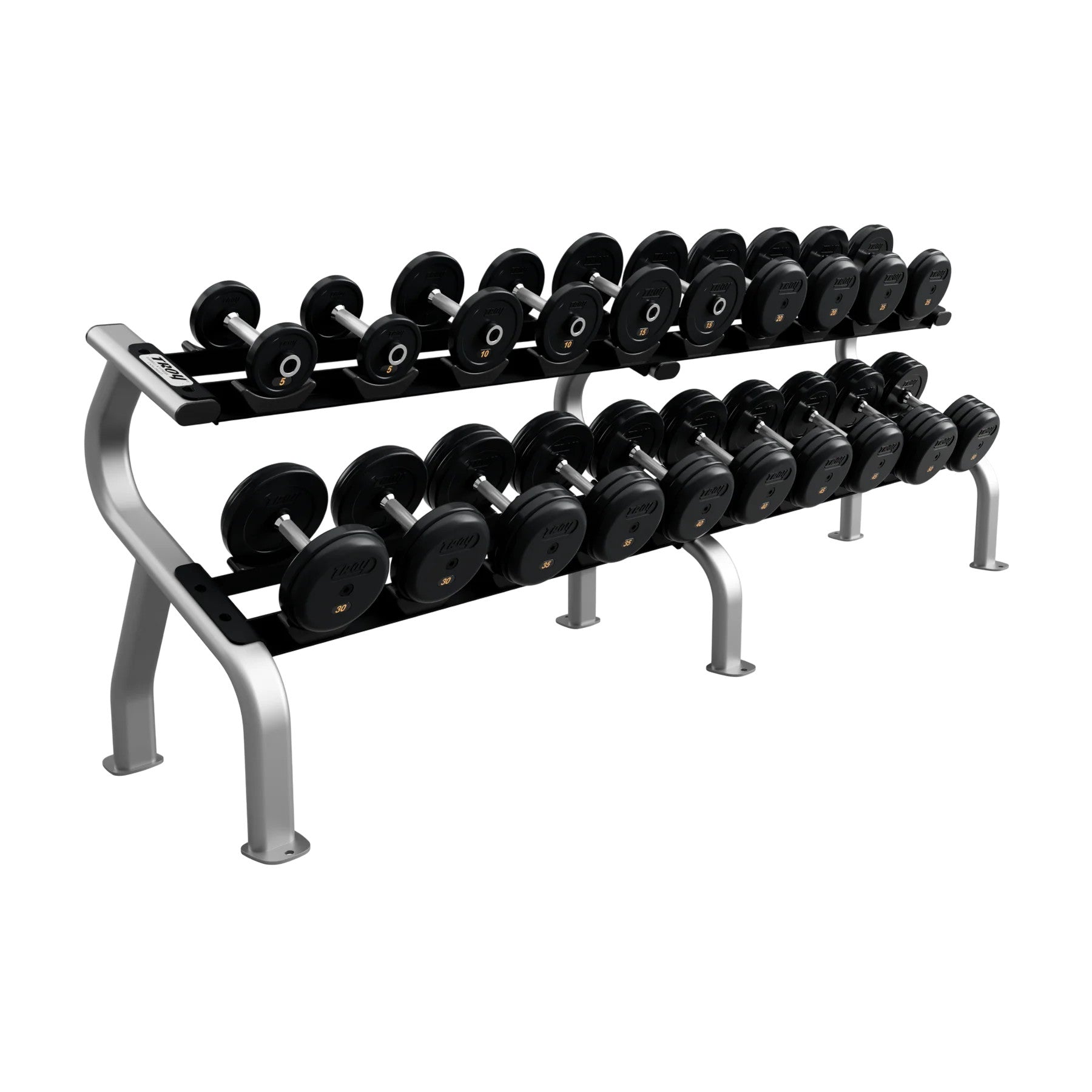 Troy Barbell COMMPAC-RUFDR50 Rubber Encased Pro Style Dumbbell Set with Rack on white background