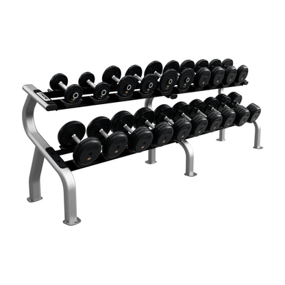 Troy Barbell COMMPAC-RUFDR50 Rubber Encased Pro Style Dumbbell Set with Rack on white background