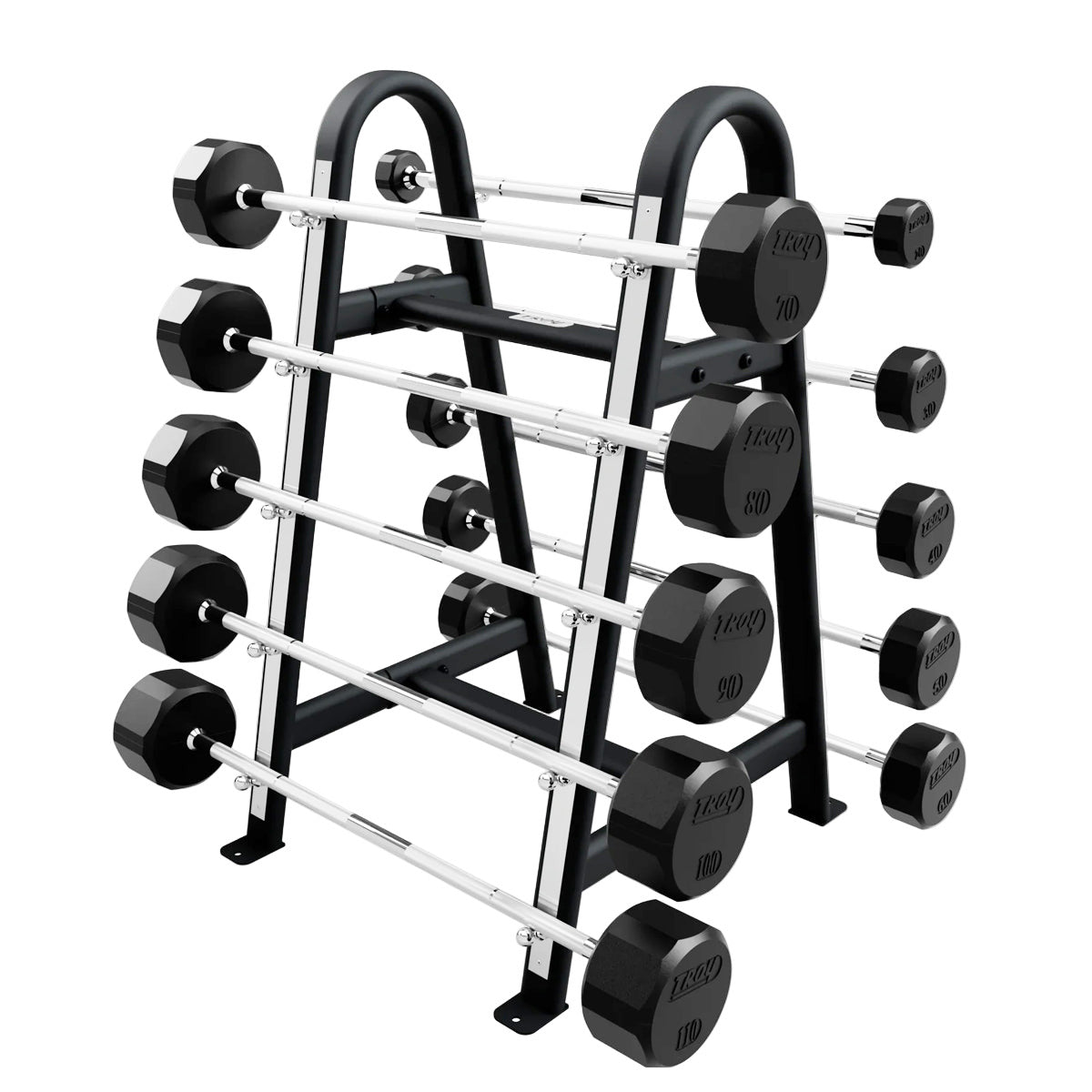 Troy Barbell 12 Sided Straight Rubber Encased Barbell Set 20 to 110LB with black rack.