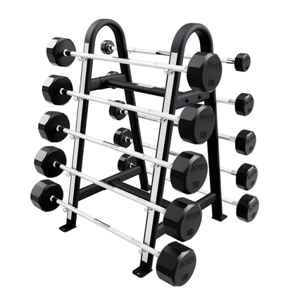 Troy Barbell 12 Sided Straight Rubber Encased Barbell Set 20 to 110LB with black rack.