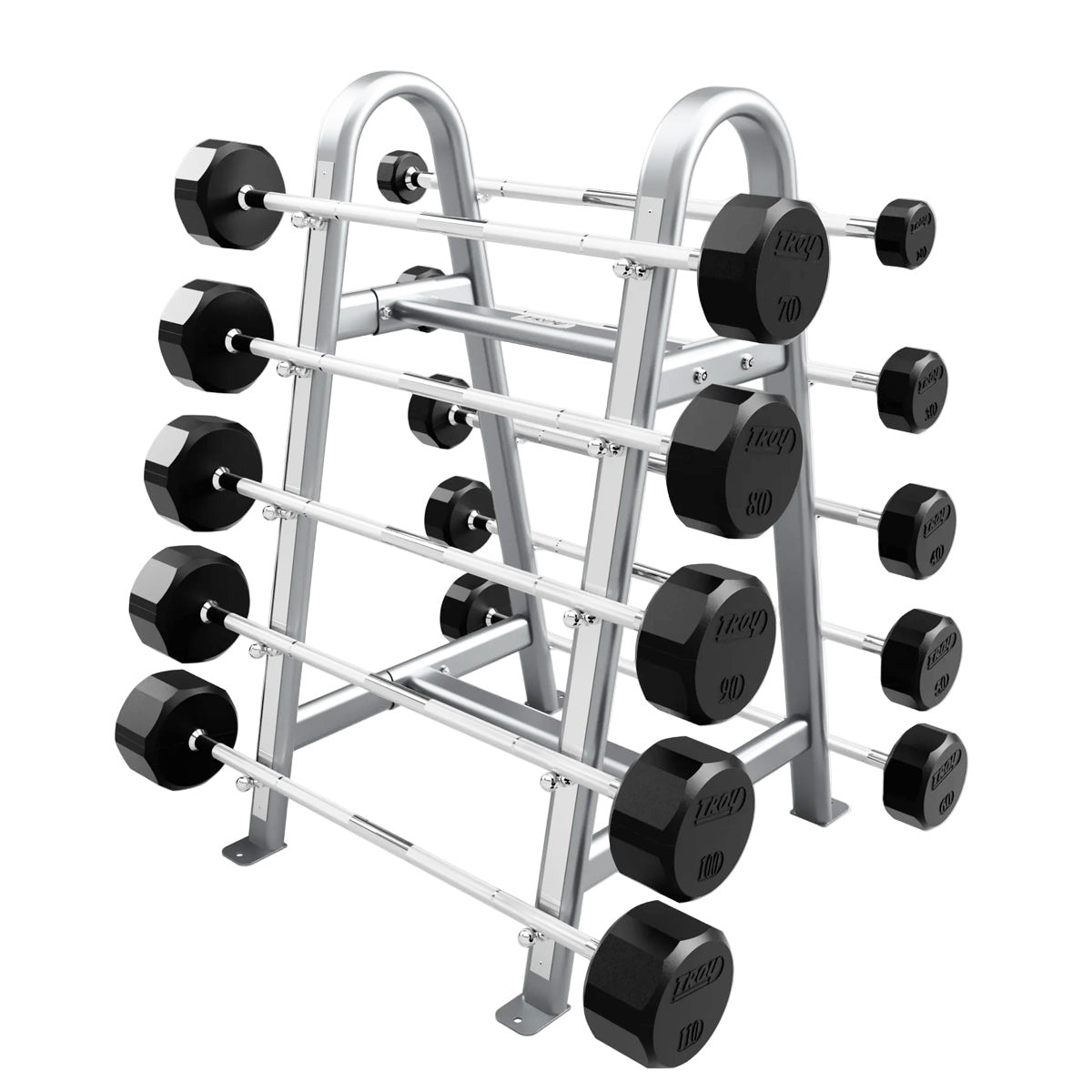 Troy Barbell 12 Sided Straight Rubber Encased Barbell Set 20 to 110LB with silver rack.