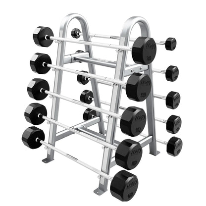 Troy Barbell 12 Sided Straight Rubber Encased Barbell Set 20 to 110LB with silver rack.