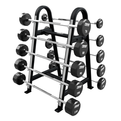 Troy Barbell 12 Sided Straight Urethane Barbell Set 20 to 110LB with Black Rack.