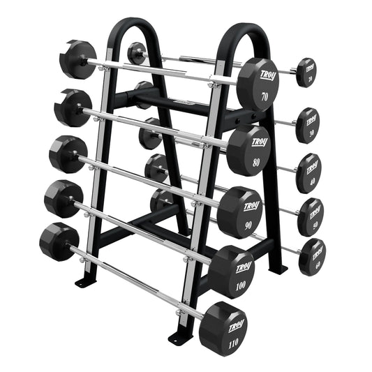 Troy Barbell 12 Sided Straight Urethane Barbell Set 20 to 110LB with Black Rack.