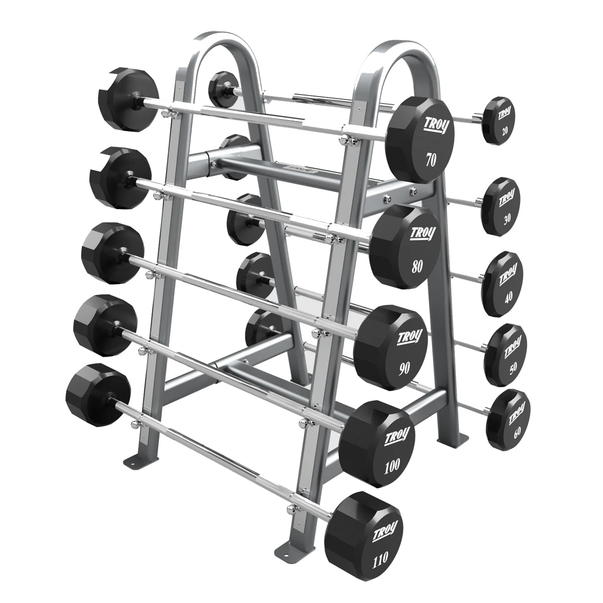 Troy Barbell 12 Sided Straight Urethane Barbell Set 20 to 110LB with Silver Rack.