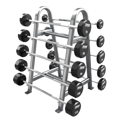 Troy Barbell 12 Sided Straight Urethane Barbell Set 20 to 110LB with Silver Rack.