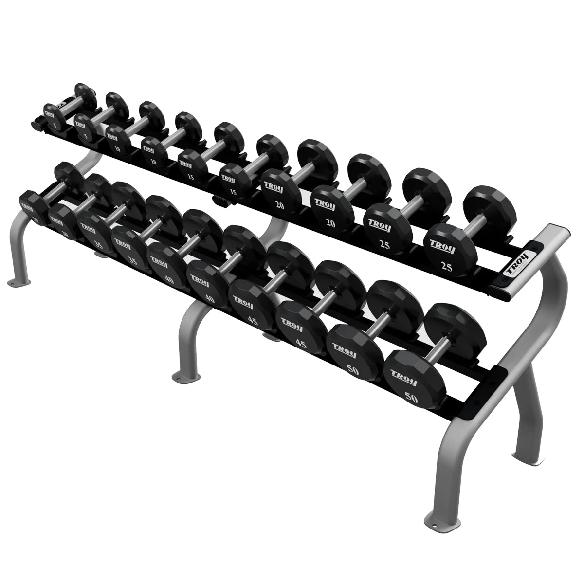Troy Barbell TSD-U Urethane Encased Dumbbell Set 5 to 50LB with DR-10 Rack.