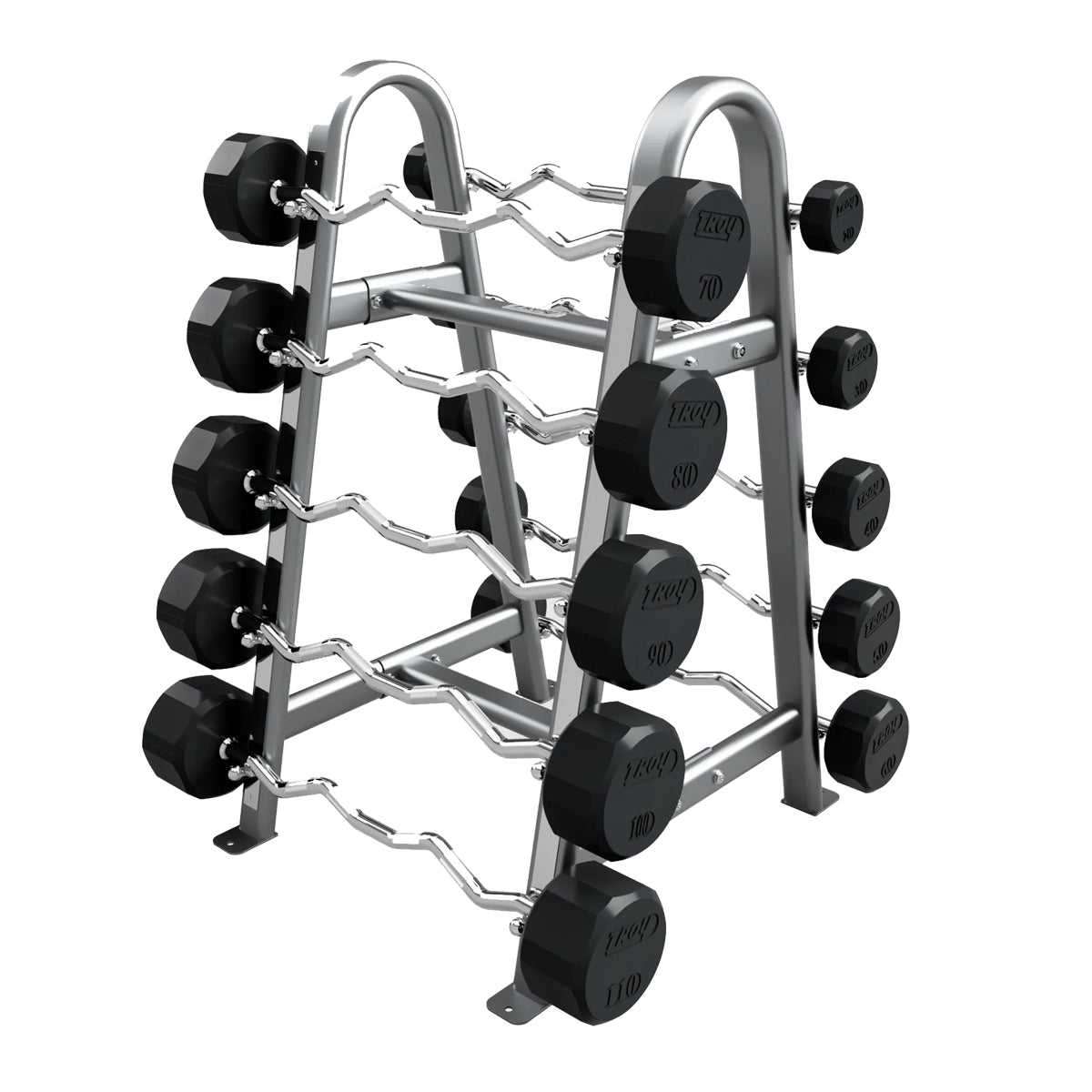 Troy Barbell COMMPAC-TZBR110 12 Sided EZ Curl Rubber Encased Barbell Set - 20 to 110LB with silver rack.