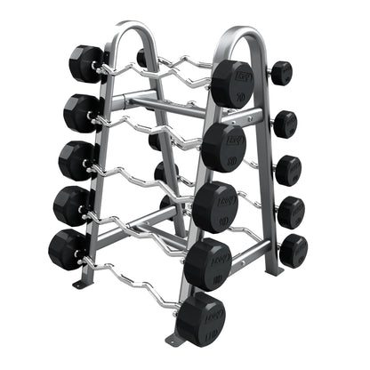 Troy Barbell COMMPAC-TZBR110 12 Sided EZ Curl Rubber Encased Barbell Set - 20 to 110LB with silver rack.