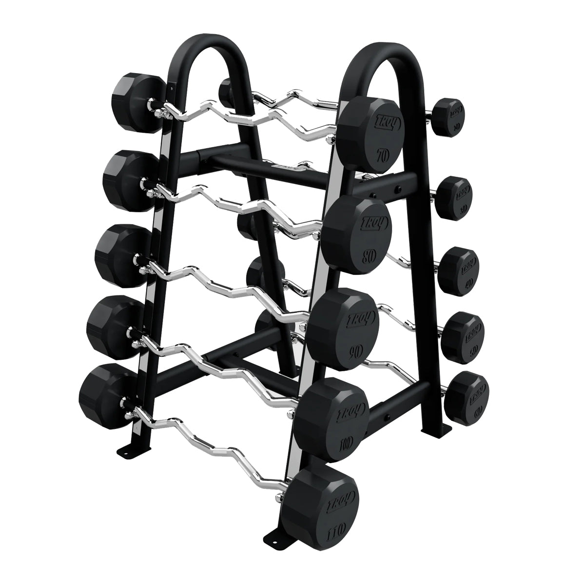 Troy Barbell COMMPAC-TZBR110 12 Sided EZ Curl Rubber Encased Barbell Set - 20 to 110LB with black rack.