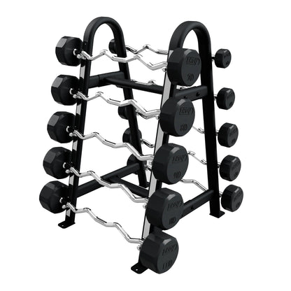 Troy Barbell COMMPAC-TZBR110 12 Sided EZ Curl Rubber Encased Barbell Set - 20 to 110LB with black rack.
