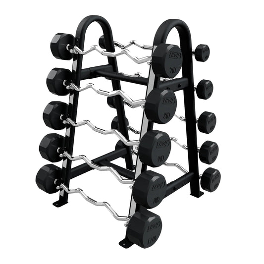 Troy Barbell COMMPAC-TZBR110 12 Sided EZ Curl Rubber Encased Barbell Set - 20 to 110LB with black rack.