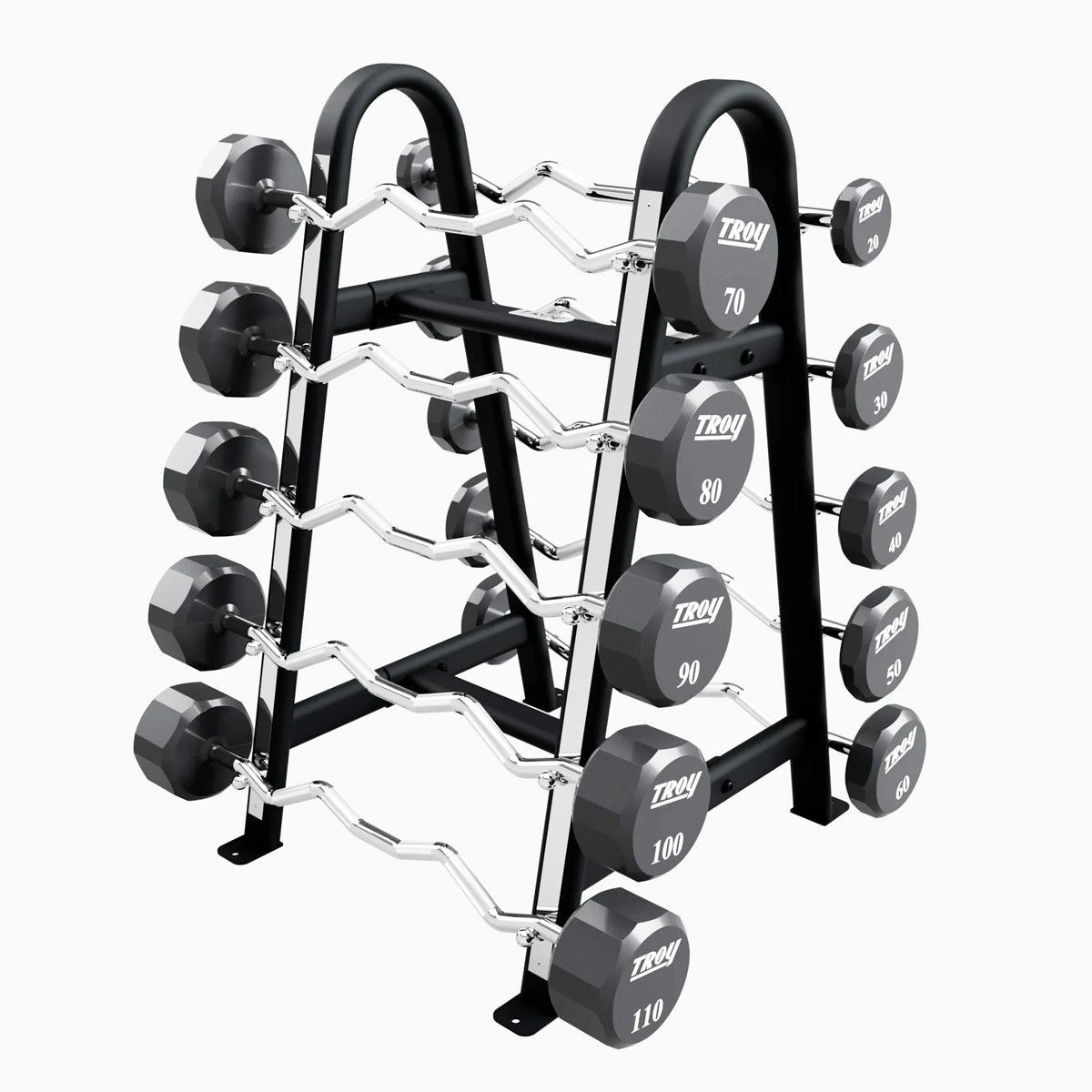 Troy Barbell COMMPAC-TZBU110 12 Sided EZ Curl Urethane Barbell Set - 20 to 110LB with Black Rack.