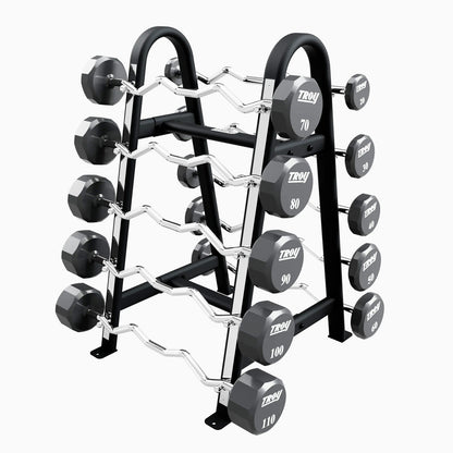 Troy Barbell COMMPAC-TZBU110 12 Sided EZ Curl Urethane Barbell Set - 20 to 110LB with Black Rack.