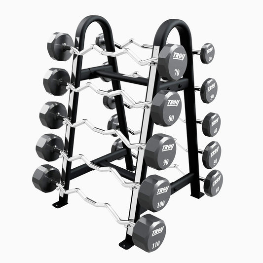 Troy Barbell COMMPAC-TZBU110 12 Sided EZ Curl Urethane Barbell Set - 20 to 110LB with Black Rack.