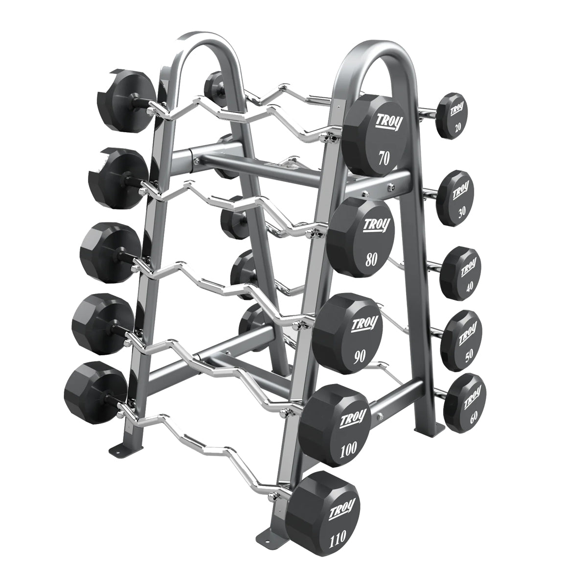 Troy Barbell COMMPAC-TZBU110 12 Sided EZ Curl Urethane Barbell Set - 20 to 110LB with Silver Rack