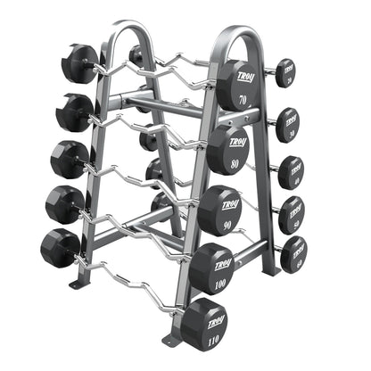 Troy Barbell COMMPAC-TZBU110 12 Sided EZ Curl Urethane Barbell Set - 20 to 110LB with Silver Rack