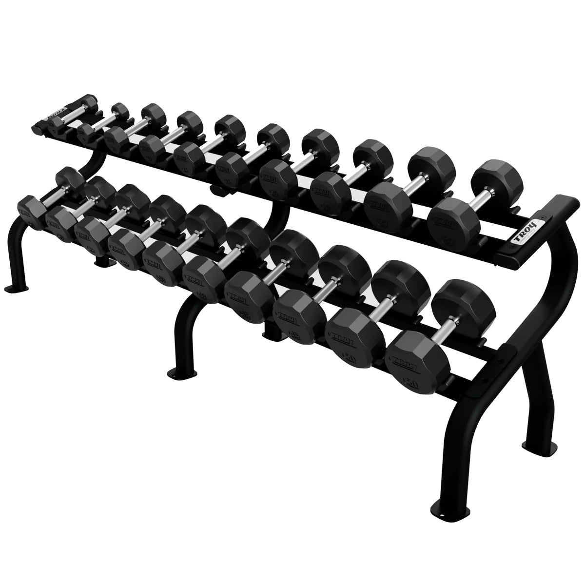 Troy Barbell DR-10 Two Tier Dumbbell Rack Black shown with TSD-R Dumbbells.