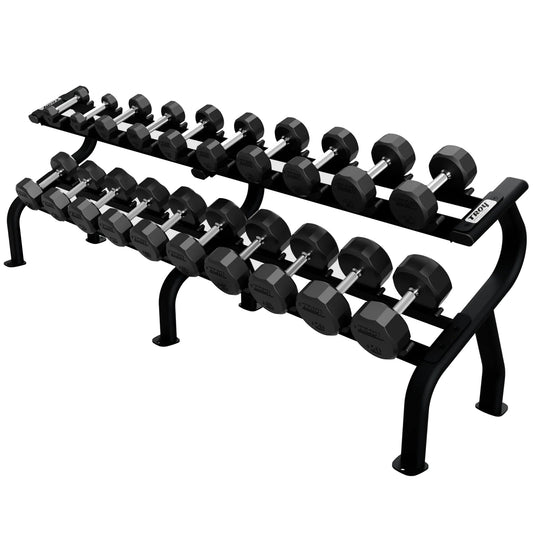 Troy Barbell DR-10 Two Tier Dumbbell Rack Black shown with TSD-R Dumbbells.
