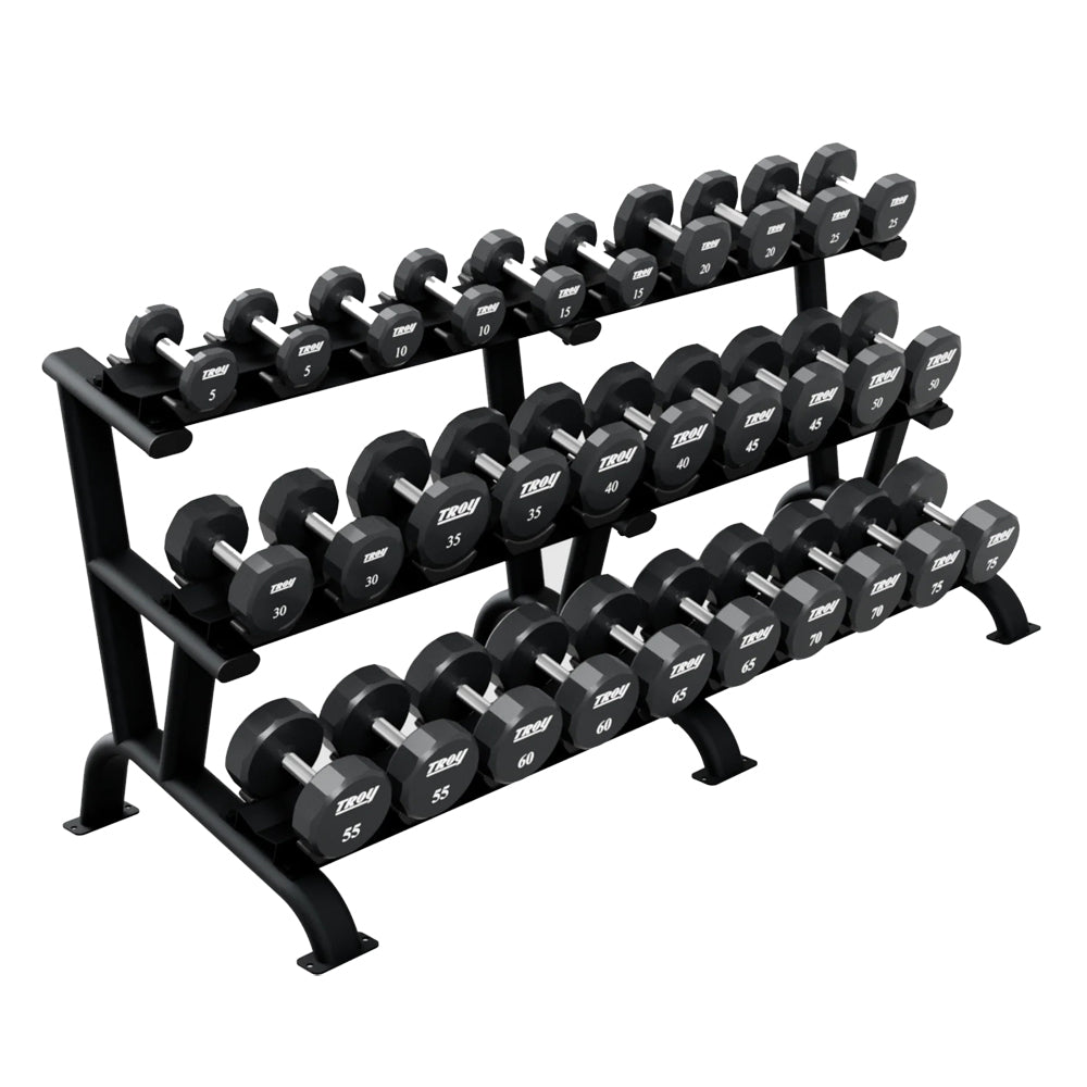 Troy Barbell TSD-U Urethane Encased Dumbbell Set 5 to 75LB with black DR-15 Rack
